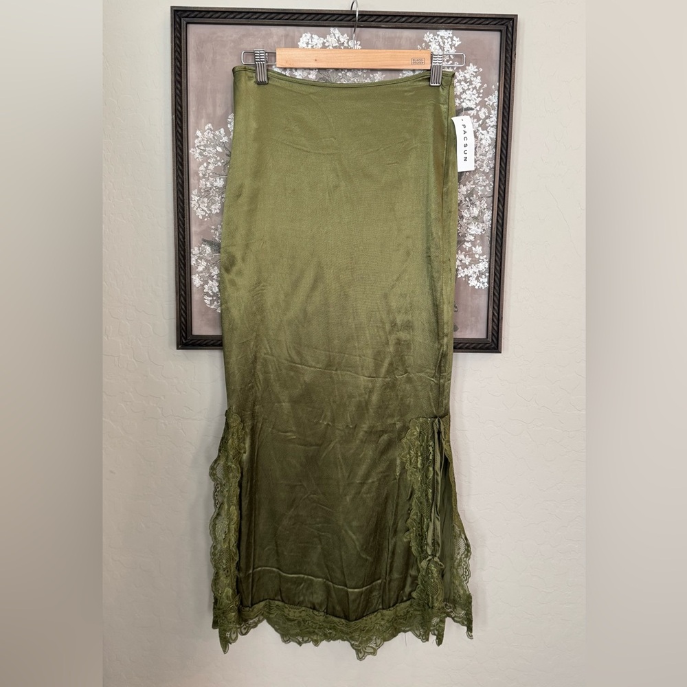 NWT PacSun Olive Maxi Skirt with Lace Detail